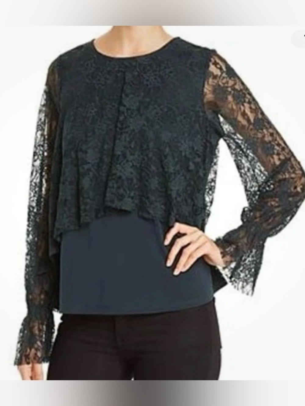 Pointelle Tuscan Kale Lace Green Overlay Viscose Blouse Size Medium